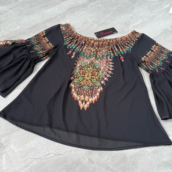 Women’s Ranee’s Miami Beaded Flare Sleeve Sheer Off The Shoulder Top Medium - Picture 2 of 16
